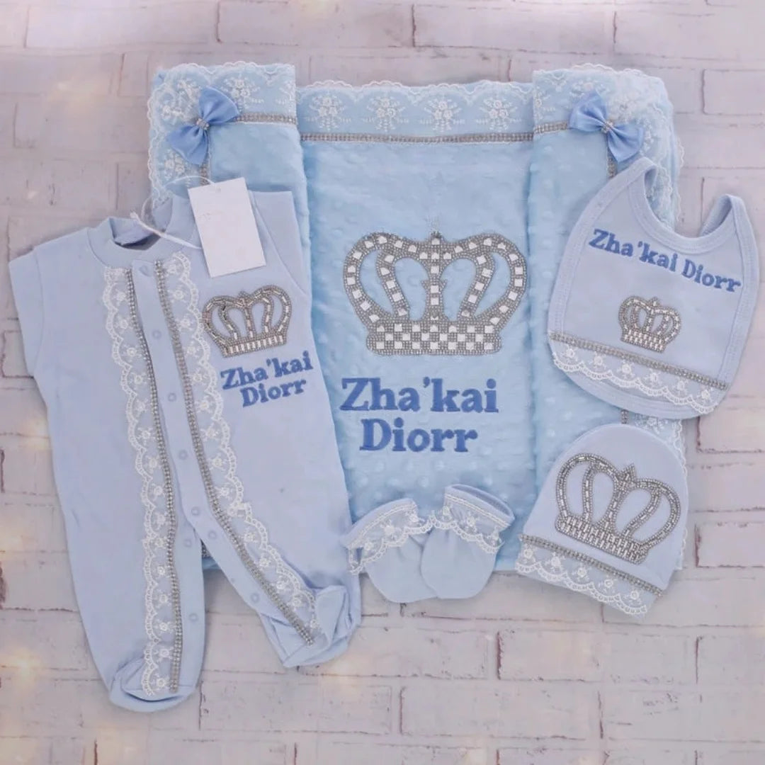 Customized Name Newborn Baby Boss Embroidery Lace Romper Outfit Infant Wrapped Baby Products Pants Mittens Receiving Blanket