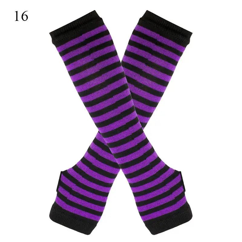 Women's Knitted Fingerless Arm Sleeves Gothic Style Striped Winter Long Arm Warmers Girls Harajuku Y2K Fashion Wrist Gloves