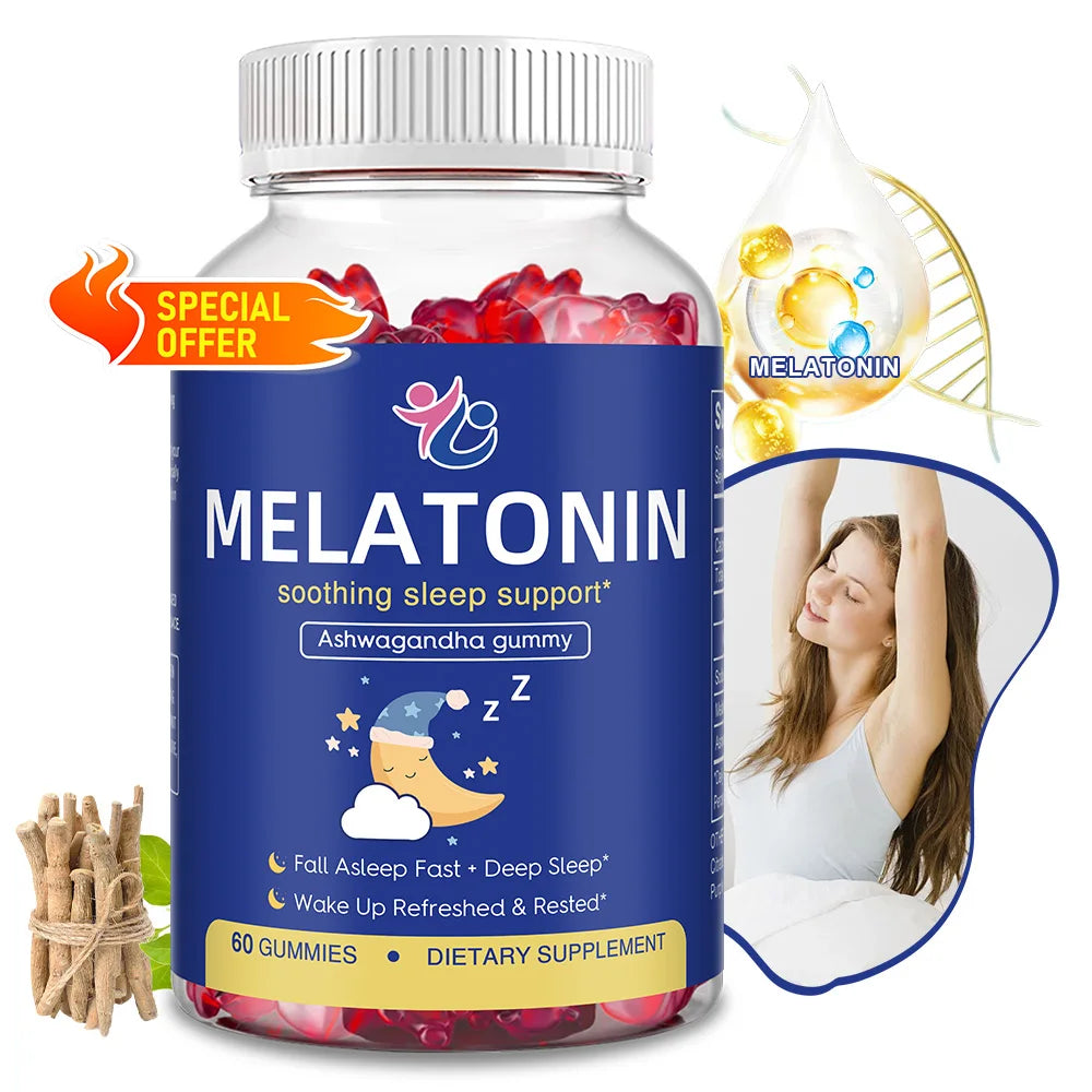 Melatonin Sleep Gummies - with Ashwagandha, Promote Sleep Health, Improve Sleep Quality, and Enhance Immunity, 60 Gummies