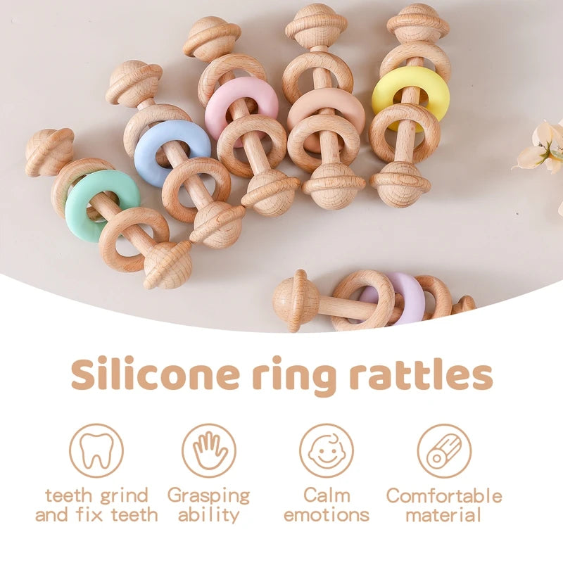 Wooden Rattle Silicone Ring — Sensory Baby Toy | 0-12 Months Gift