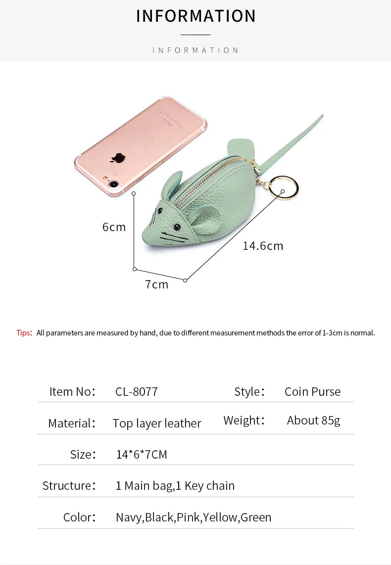 A8077 Cute Animal Design Lady Lipstick Bag Fashion Key Case Wallet Full Grain Cow Leather Vivid Lovely Mini Mouse Shape Purse