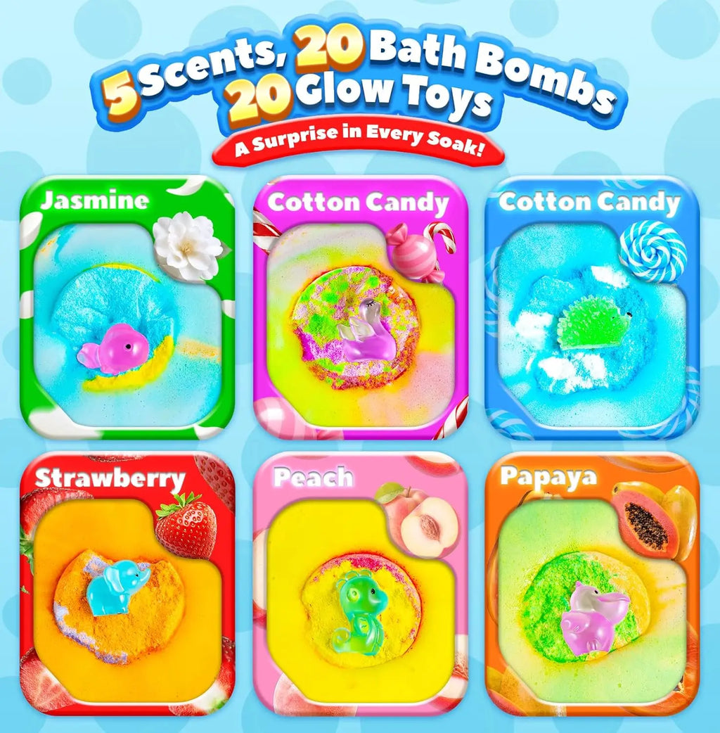 Kids Bath Bombs with Surprise Toys, 20-Pack Glow-in-the-Dark Fizzy Balls for Fun Christmas Gifts