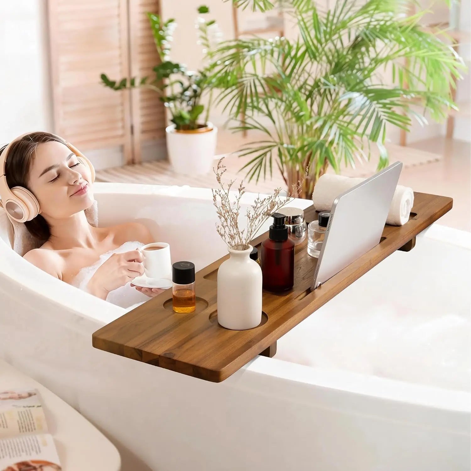 Teak Bathtub Tray - Wood Bath Caddy Tray 35" for Large Tubs - Adjustable Bathtub Table Trays - Luxury Shower Organizer f