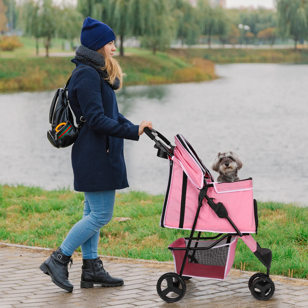 carreola para mascotas perro 3 Wheel Foldable Cat Dog Stroller with Storage Basket, Handle 360° Pet Dog Stroller - Firu Total Sales