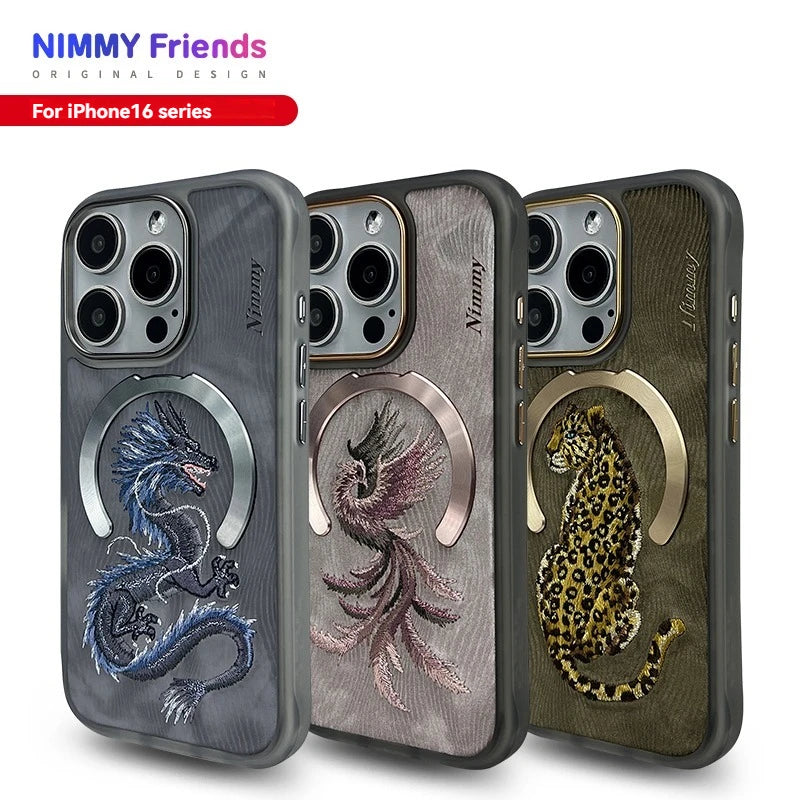 Dragon Phoenix 3D Embroidery Protective Case For iPhone 16 Pro Max Magnetic Wireless Charger Trend Original Fashion Cover - Firu Total Sales