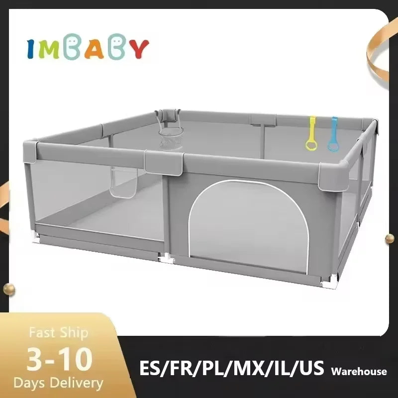 Corralito IMBABY para Bebés | Gris | Valla de Seguridad con Aro y Caja de Pelotas
