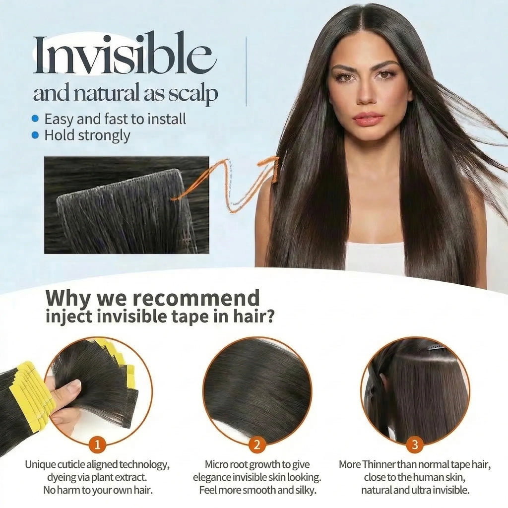 Seamless Invisible Straight Tape in Hair Extensions 100% Human Hair Brazilian Natural Black 16-22 Inch Skin Weft Tape Human Hair