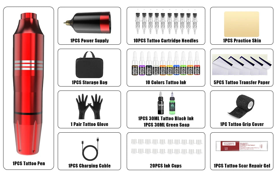 New 55 Pcs Tattoo Gun Kit Rotary  Complete Tattoo Kit with Power Supply  Mix 10 Piece Cartridge Needle for Beginners and Artists