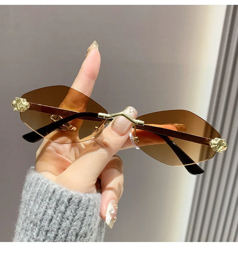 Trendy Rimless Polygonal Sunglasses Stylish Gradient Lens Metal Shades Eyewear Luxury Brand Small Vintage Sun Glasses