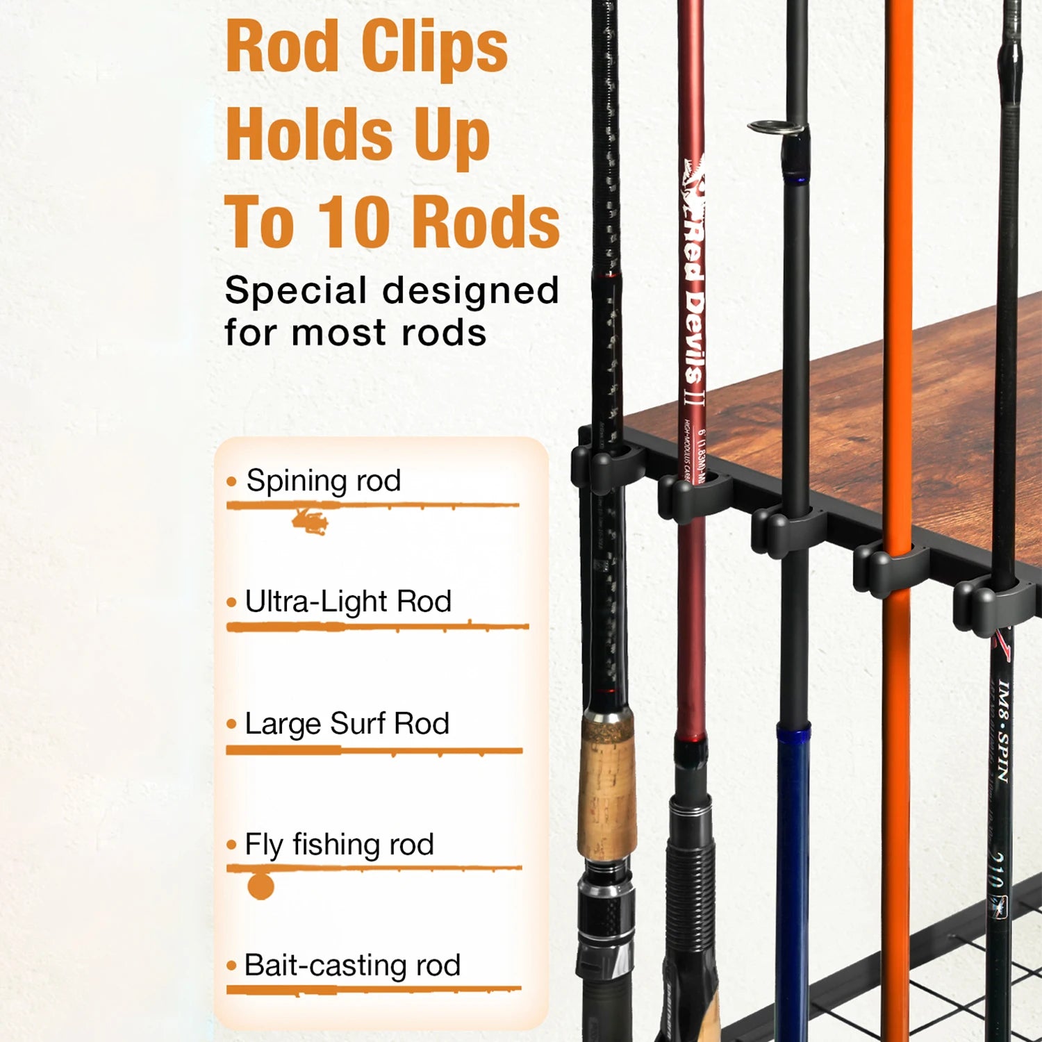 Fishing Rod Holders for Garage Fishing Pole Rack Containers Included, up to 10 Rods Tackle Box Reel Storage Fishing Rod Rack