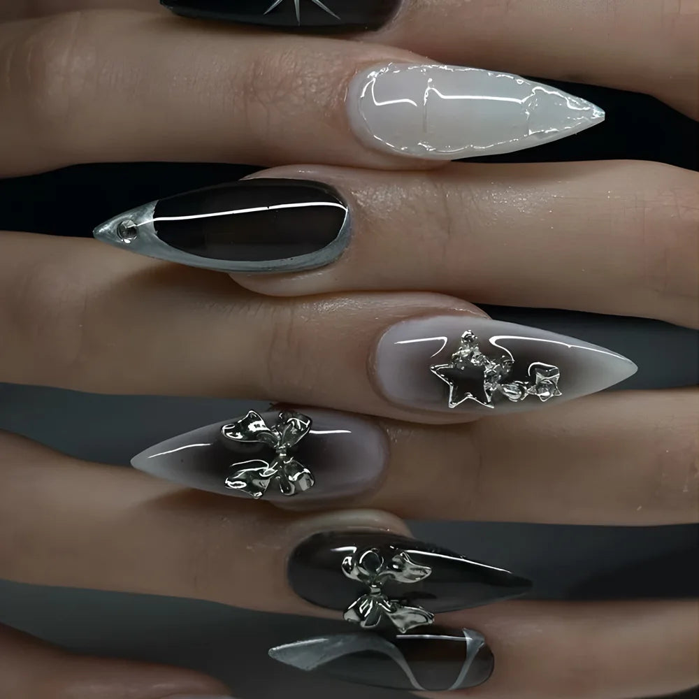Uñas Postizas Y2K Almendra 24pcs | Lazo Plateado con Diamante | Press On Negras 💅 - Firu Total Sales