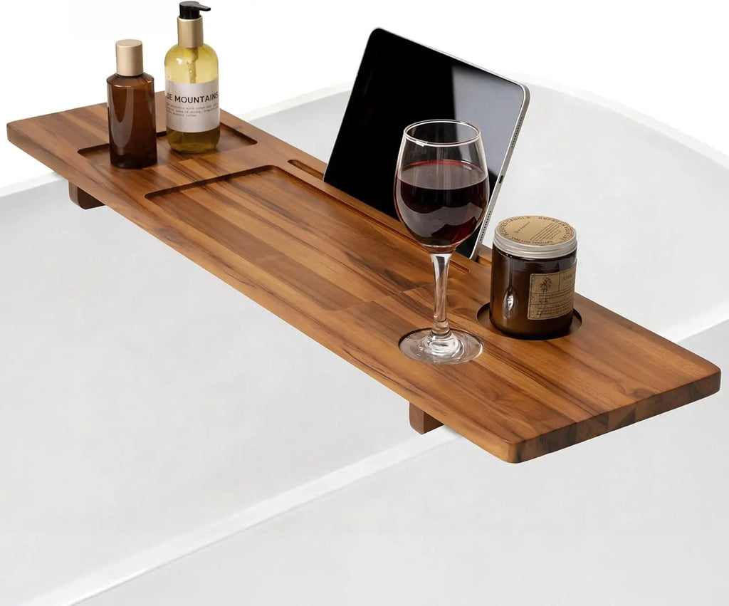 Teak Bathtub Tray - Wood Bath Caddy Tray 35" for Large Tubs - Adjustable Bathtub Table Trays - Luxury Shower Organizer f
