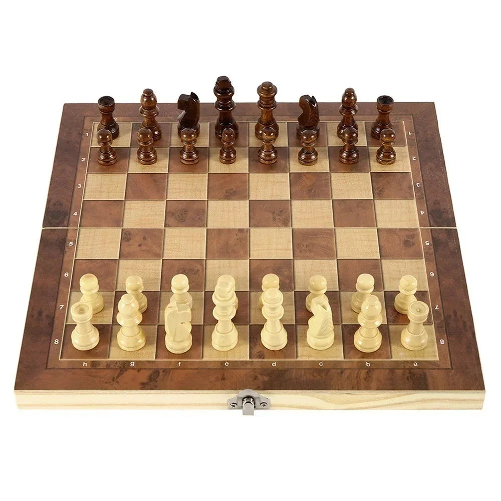 3in 1 Portable Travel Chess Checker Backgammon, Folding Storage Wooden Chess Set, International Checkers Board Game Kids Adults