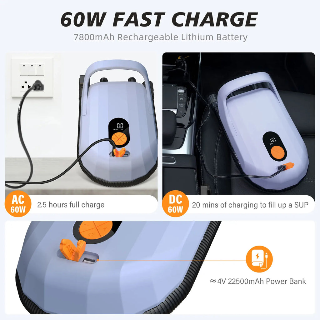 AIRBANK SUP Electric Air Pump with Battery 7800 mAh 20 PSI Max Rechargeable 12 V DC Car Connection Pump for Boards, Surf Kite