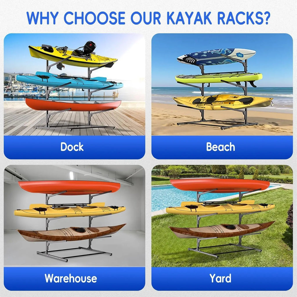 3/4 Tier Kayak Storage Rack, Heavy-Duty Metal Multifunctional Floor Holder For Canoe Surfboard Paddleboard