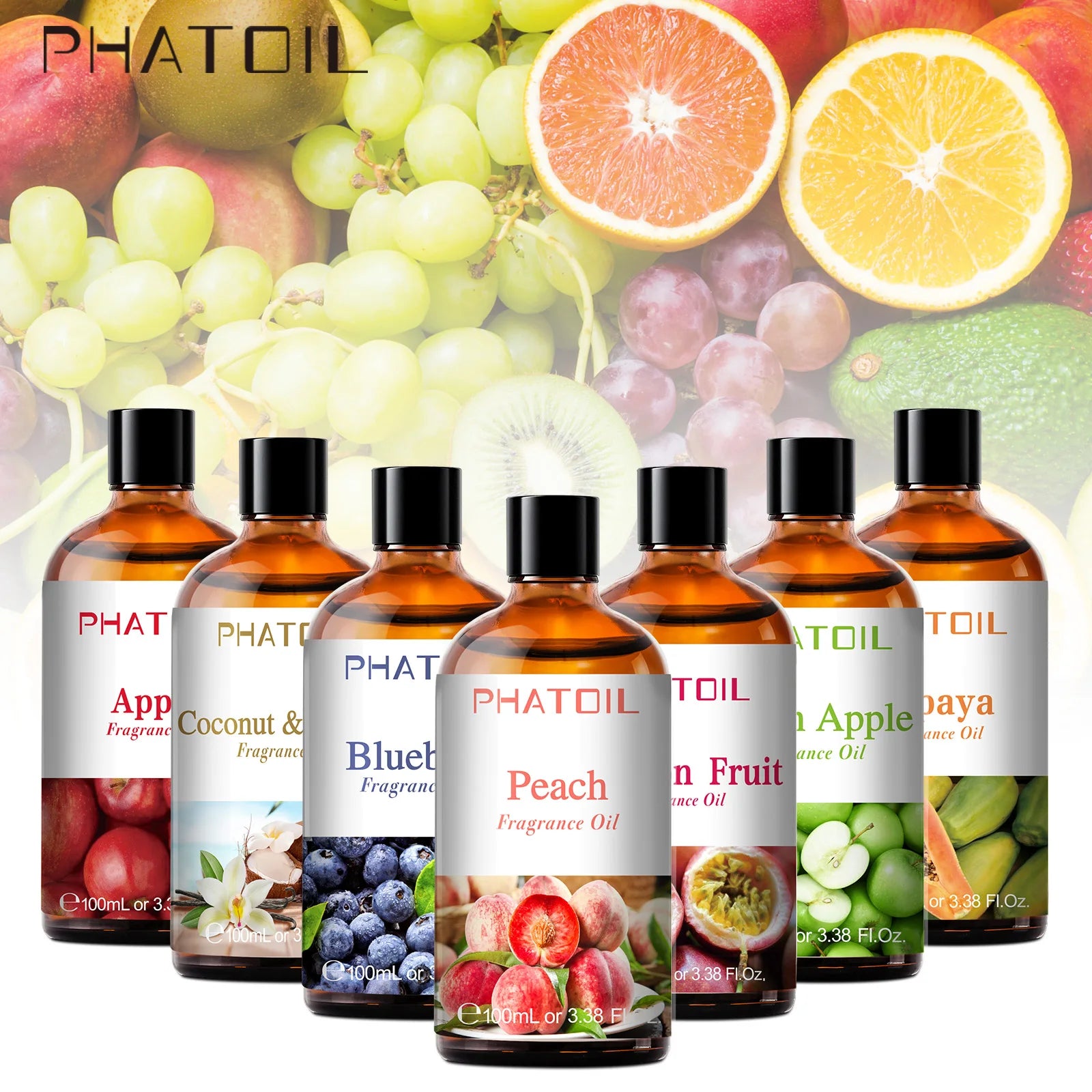 PHATOIL 100ML Coconut Peach Blueberry Mango Fragrance Oil Apple Banana Grape Lemon Aroma Oil for Oil Diffuser Soap Candle Making
