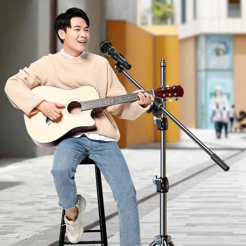NEW! Microphone Boom Tripod Stand 1.7 2.1M Mic Tripod Bracket 66CM Crossbar Arms With Clip And Phone Holder