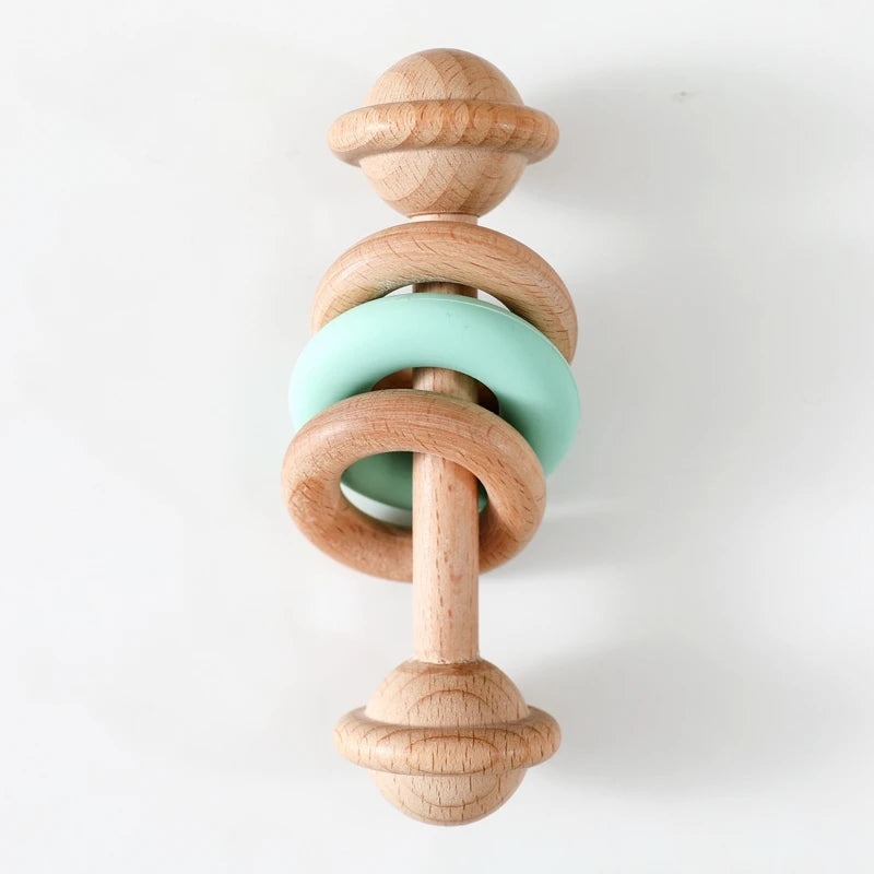 Wooden Rattle Silicone Ring — Sensory Baby Toy | 0-12 Months Gift