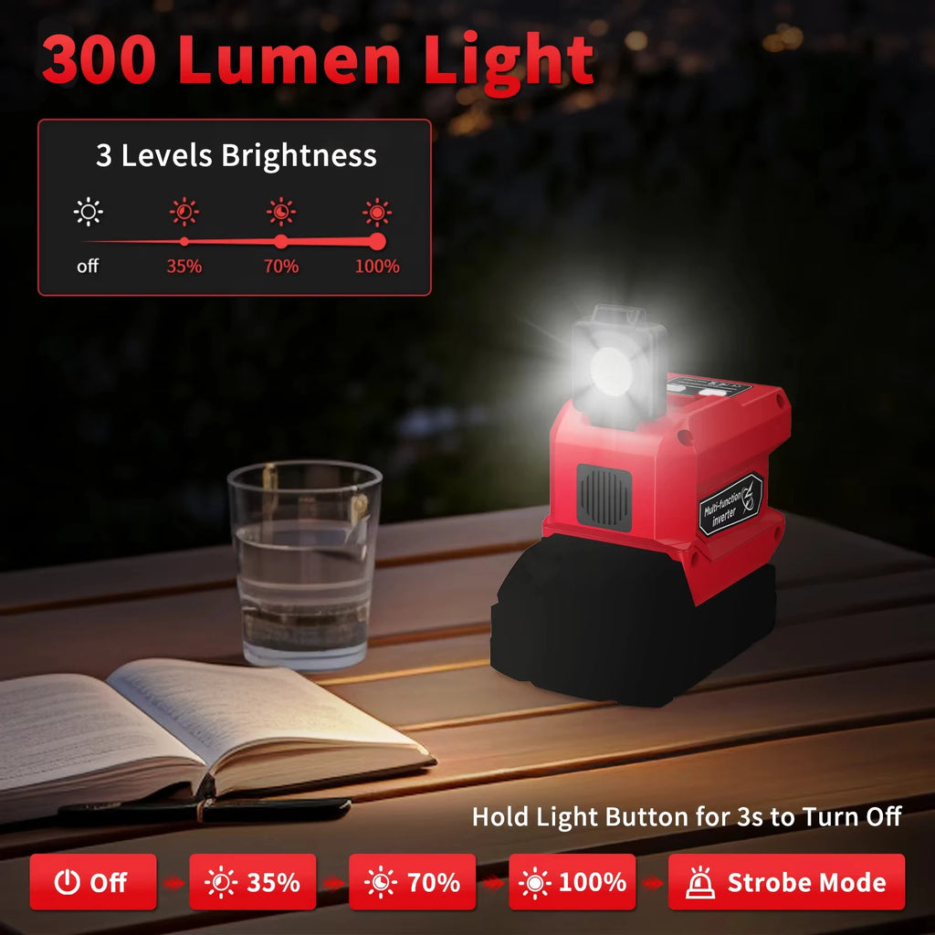 Kzreect Inversor 200W | Batería Milwaukee 18V | AC 110V | 4 Salidas | LED 300LM | Camping y Auto
