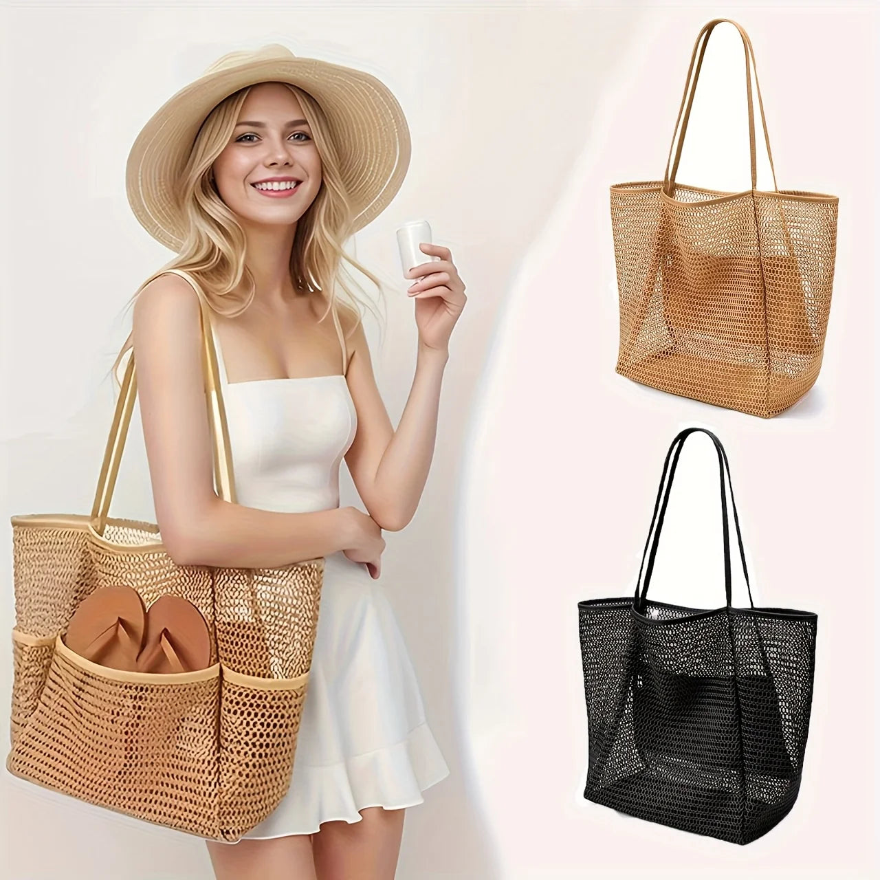 Bolsa Tote de Playa para Mujer Gran Capacidad - Bolso de Hombro Tejido Poliéster