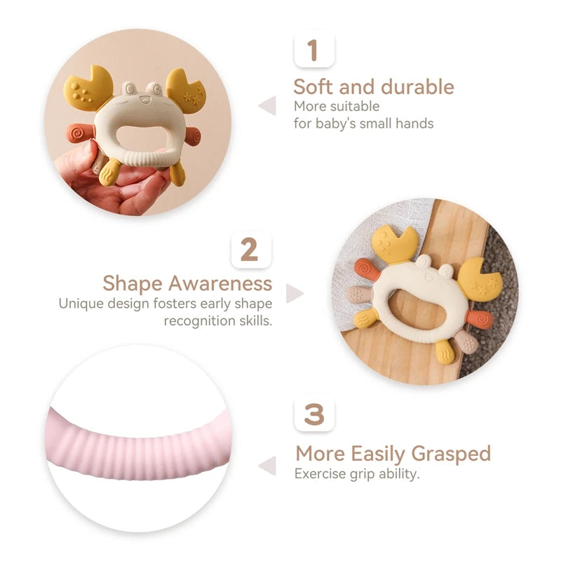 Crab Silicone Teether with Wooden Ring — BPA Free | Baby 0-6 Months