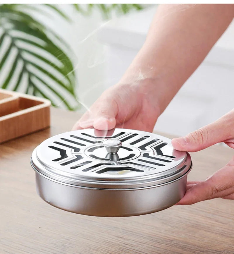 Mosquito Coils Holder Stainless Steel Mosquito Coil Box with Cover Round Mosquito Coil Tray Easy To Clean Anti-Mosquito Supplies