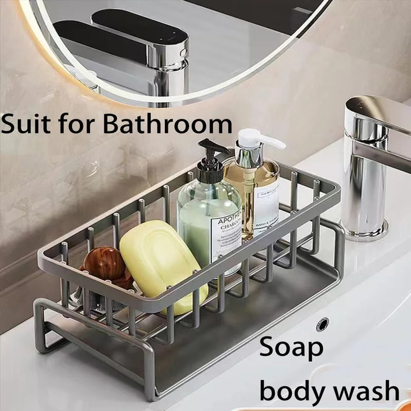 1-Pack Kitchen Sink Organizer Caddy - Metal Storage Rack with Drain Tray , Corner Smooth Design to Keep Sink Area Tidy & Dry