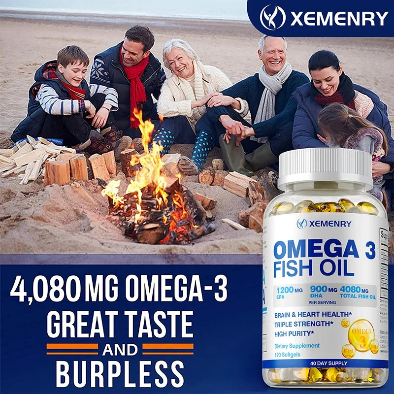 Omega-3 Fish Oil - Supports Brain Health, Cardiovascular and Skin Health, Antioxidant and Anti-inflammatory - 120 Capsules