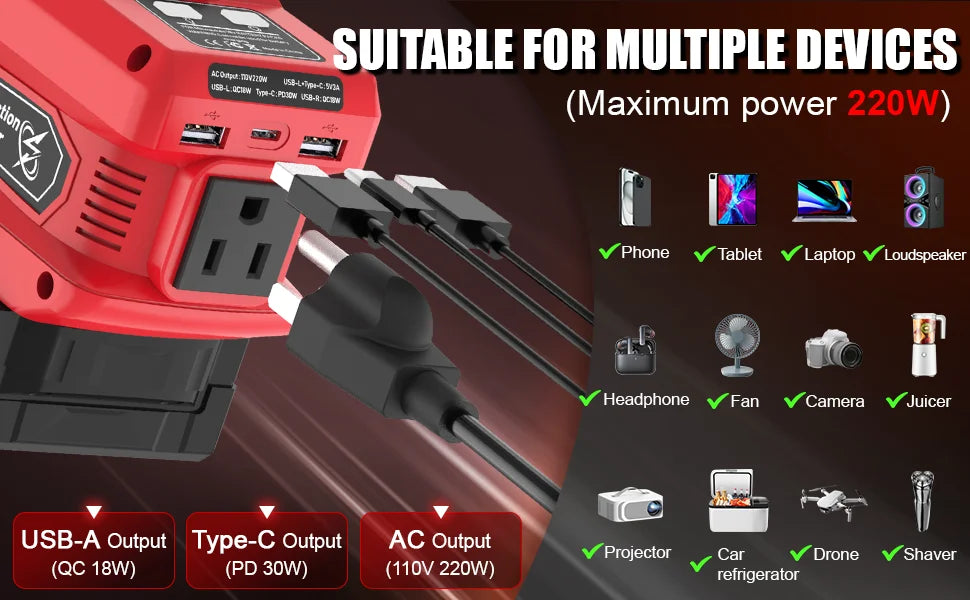 Kzreect Inversor 200W | Batería Milwaukee 18V | AC 110V | 4 Salidas | LED 300LM | Camping y Auto
