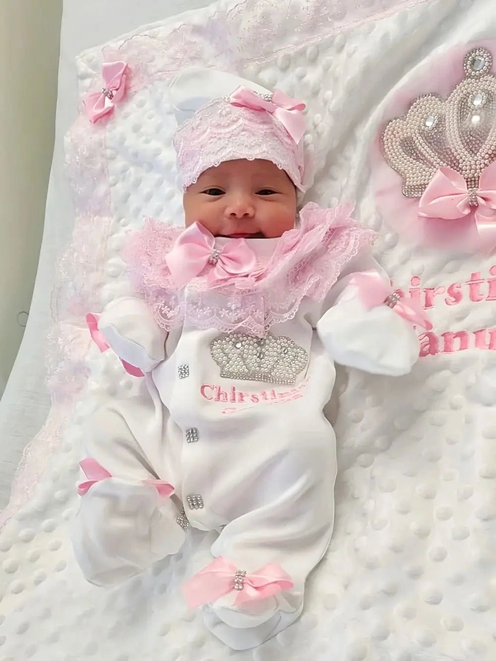 Customized Name Newborn Baby Boss Embroidery Lace Romper Outfit Infant Wrapped Baby Products Pants Mittens Receiving Blanket