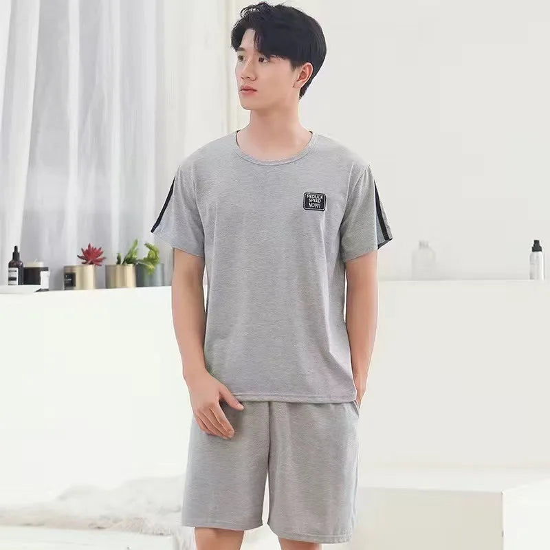 Cotton Men's Pajama Top and Pants Loungewear Athletic Casual Loose Nightwear Set Striped Sleepwear Homewear Two Piece Big Size