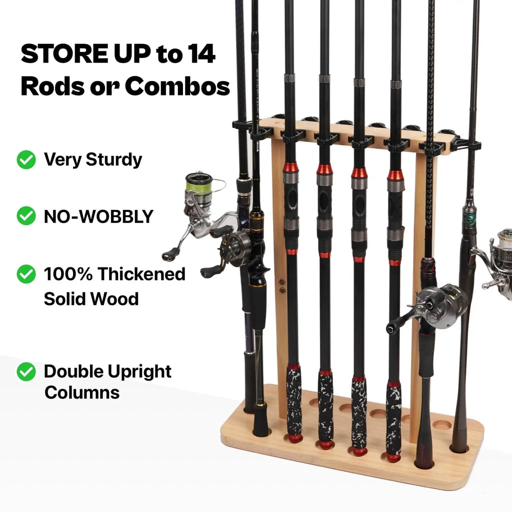 Wooden Fishing Rod Storage Rack for Garage, Holds Up to 14 Rods or Combos