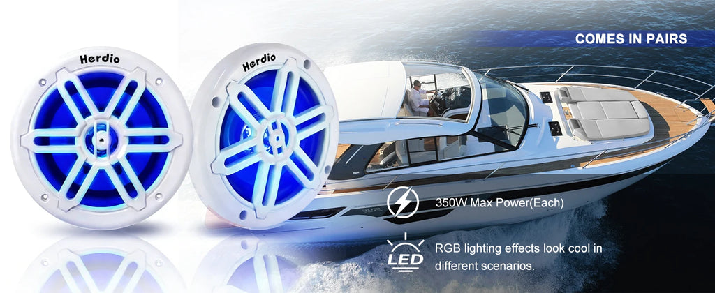 Herdio 6.5 Inch Marine Speaker 350W IP66 Waterproof Coaxial Audio Blue LED Light UV Resistant Grille for Boats ATV/UTV 1 Pair
