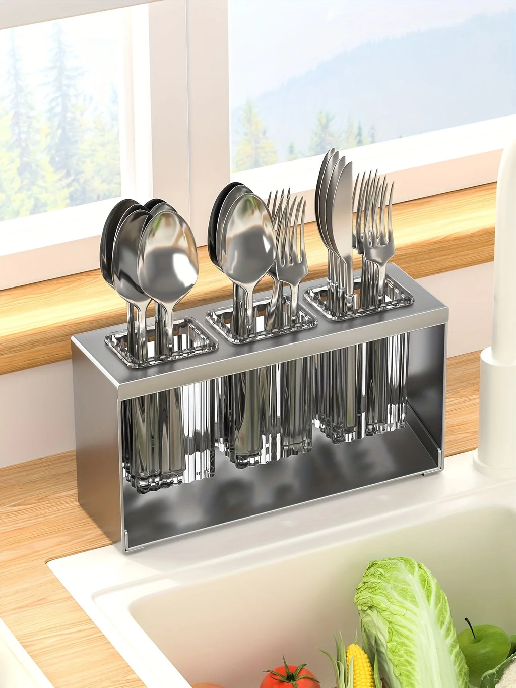 1pc Multifunctional Drain Rack with Built-in Storage Box for Kitchen Utensils Forks Spoons Knives