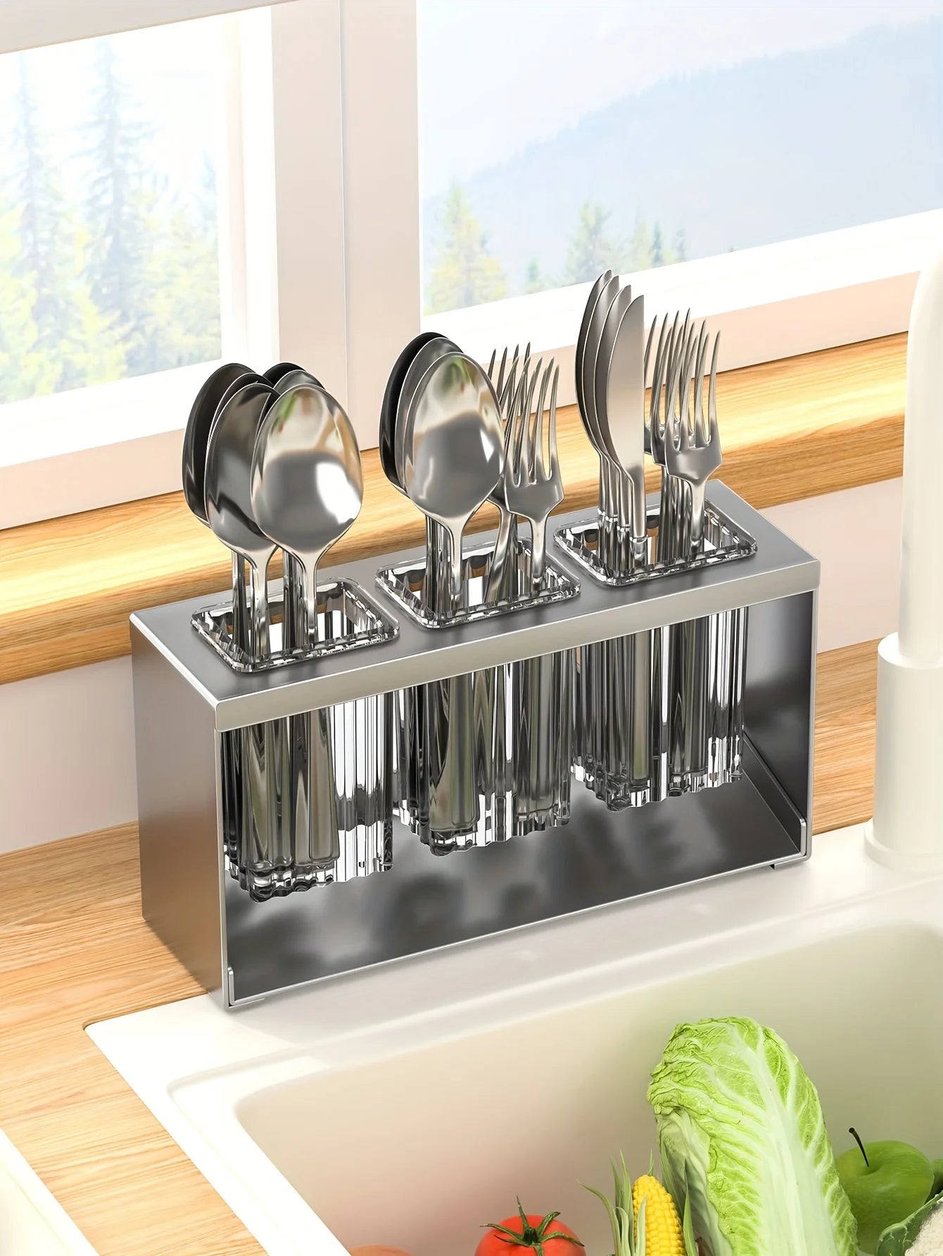 1pc Multifunctional Drain Rack with Built-in Storage Box for Kitchen Utensils Forks Spoons Knives