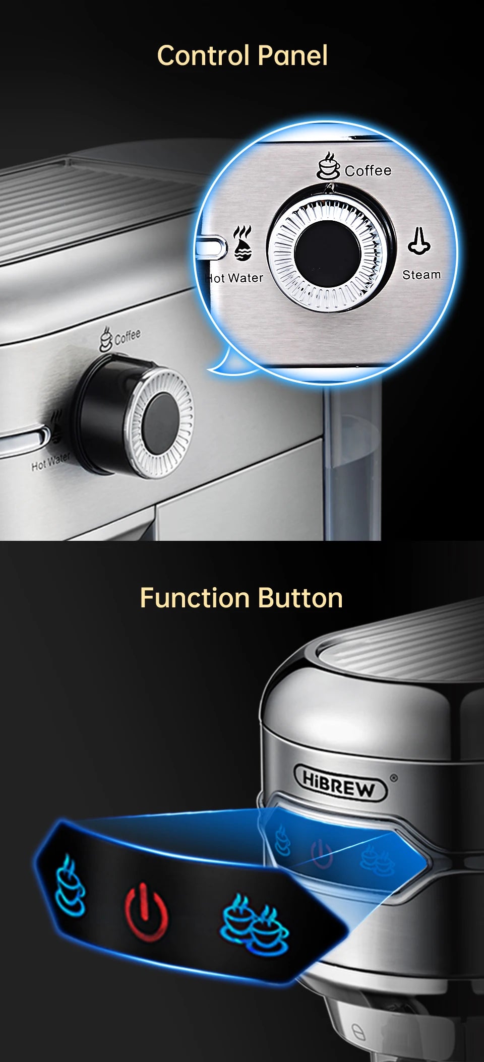 HiBREW H11 Cafetera Espresso 20 Bar | Inox | Semi Automática | ESE POD y Polvo | Cappuccino | Agua Caliente - Firu Total Sales