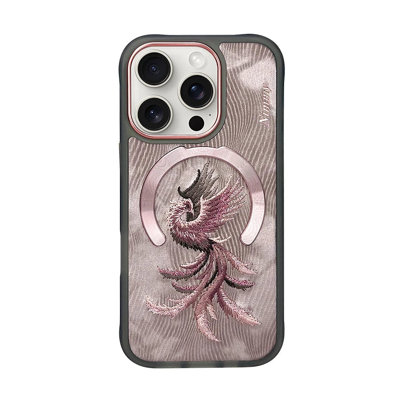 Dragon Phoenix 3D Embroidery Protective Case For iPhone 16 Pro Max Magnetic Wireless Charger Trend Original Fashion Cover