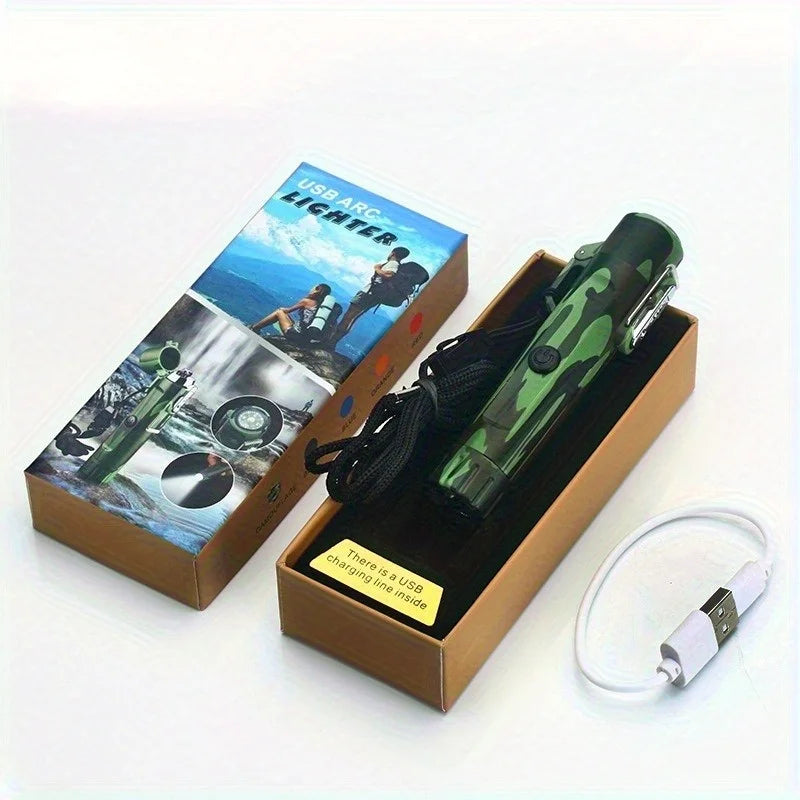 Electric Windproof Metal Lighter Flameless Dual Arc Plasma Rechargeable USB Waterproof Lighter with Flashlight Outdoor Tools