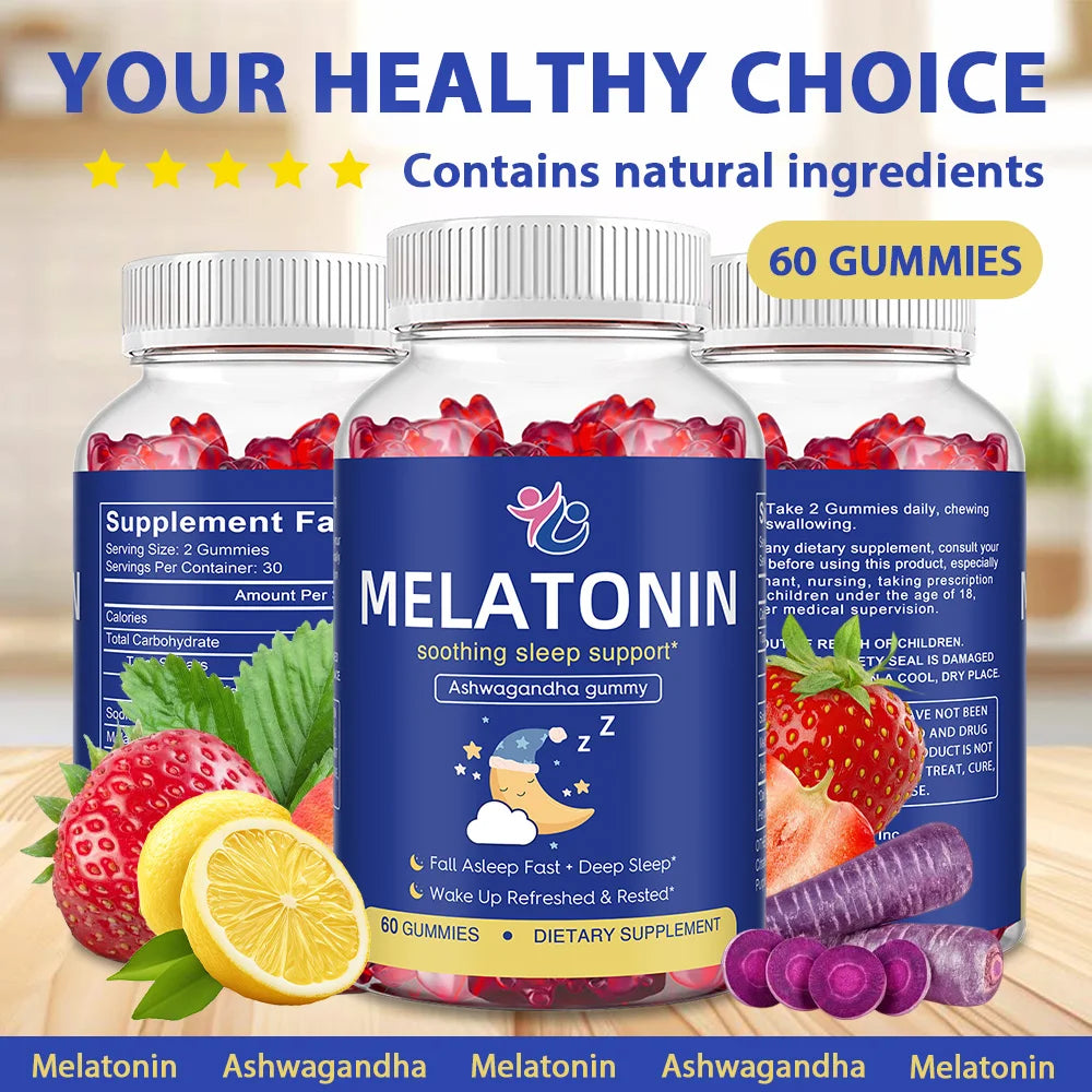 Melatonin Sleep Gummies - with Ashwagandha, Promote Sleep Health, Improve Sleep Quality, and Enhance Immunity, 60 Gummies