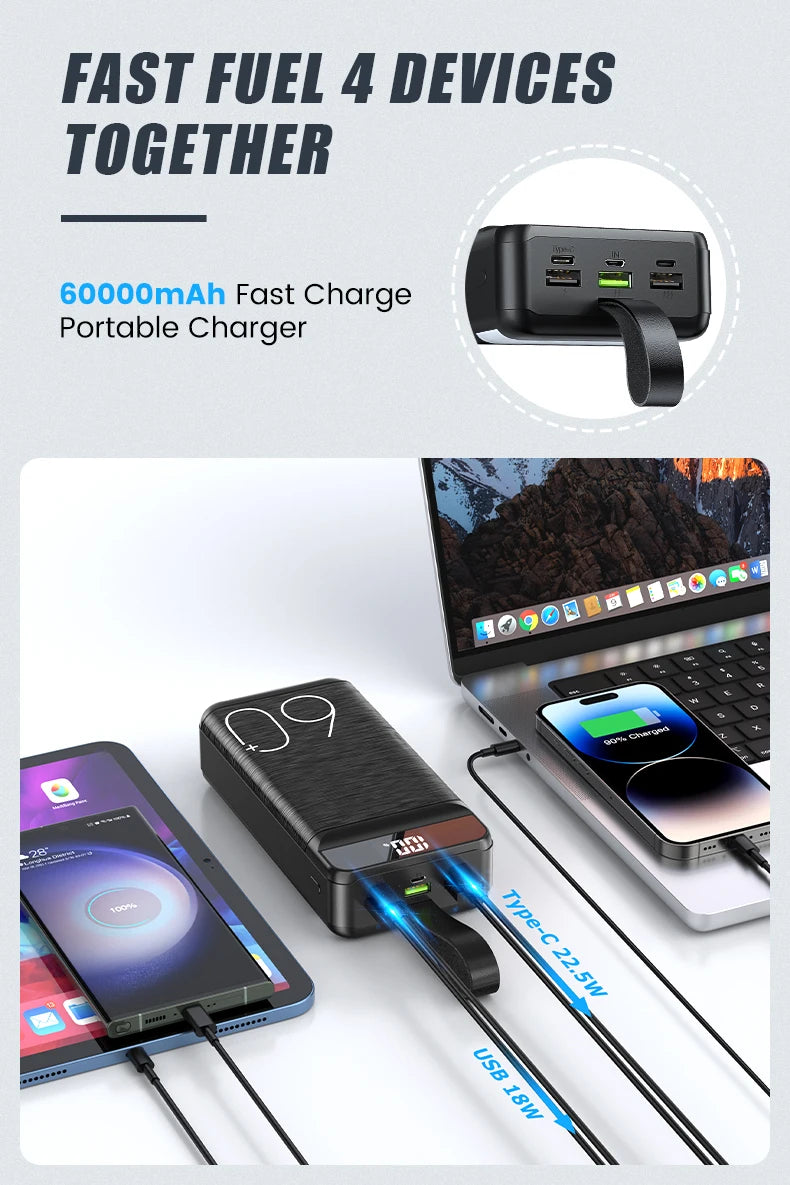 hganus Power Bank 60000mAh | QC PD3.0 22.5W | 4 Puertos | Linterna LED | Pantalla Digital | iPad, iPhone y Xiaomi