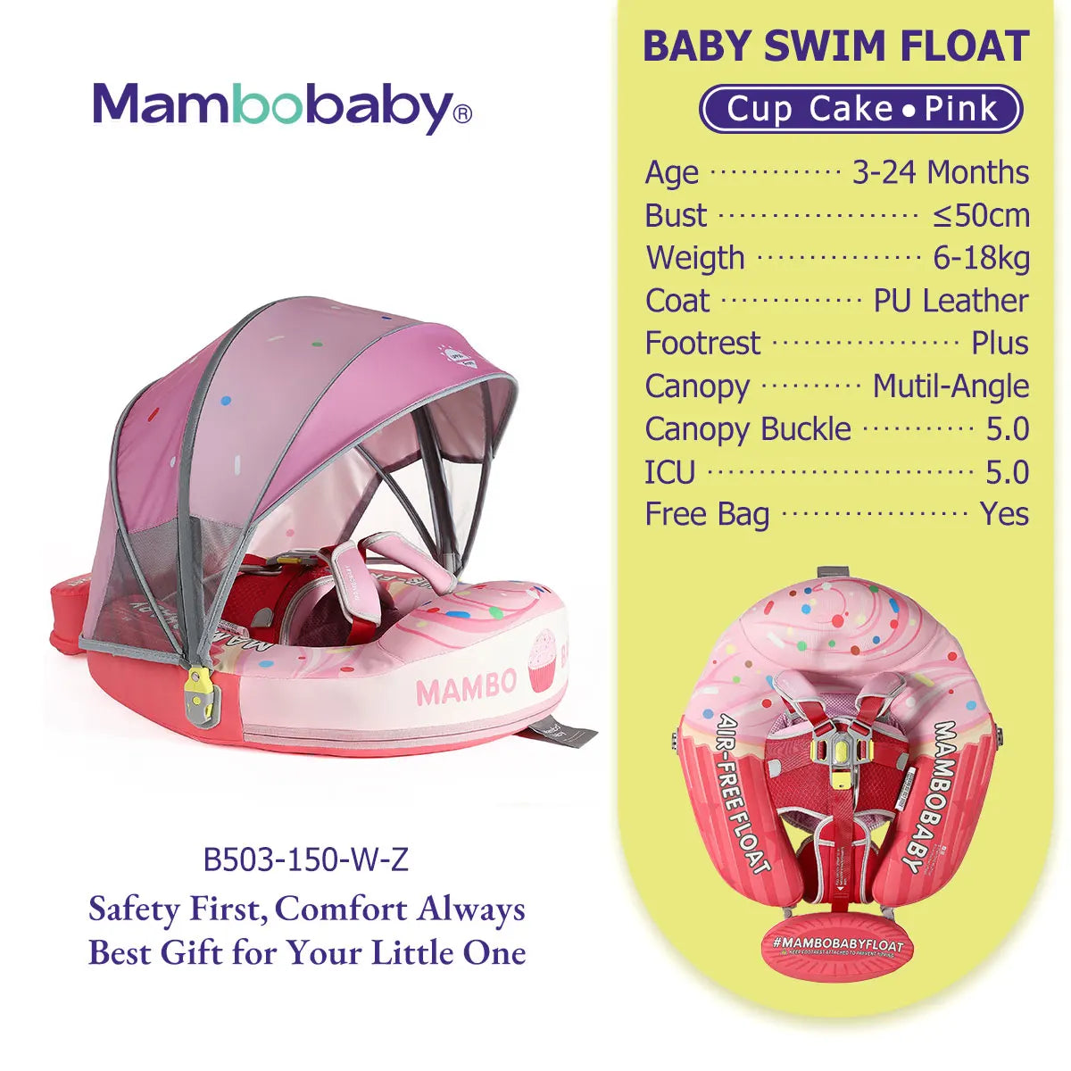 Mambobaby Float No-Slip Safe Harness ST-Cup Cake B503-150-W-Z  Safe Core No Inflation No Leaks Baby Swim Ring Toddler Pool Float