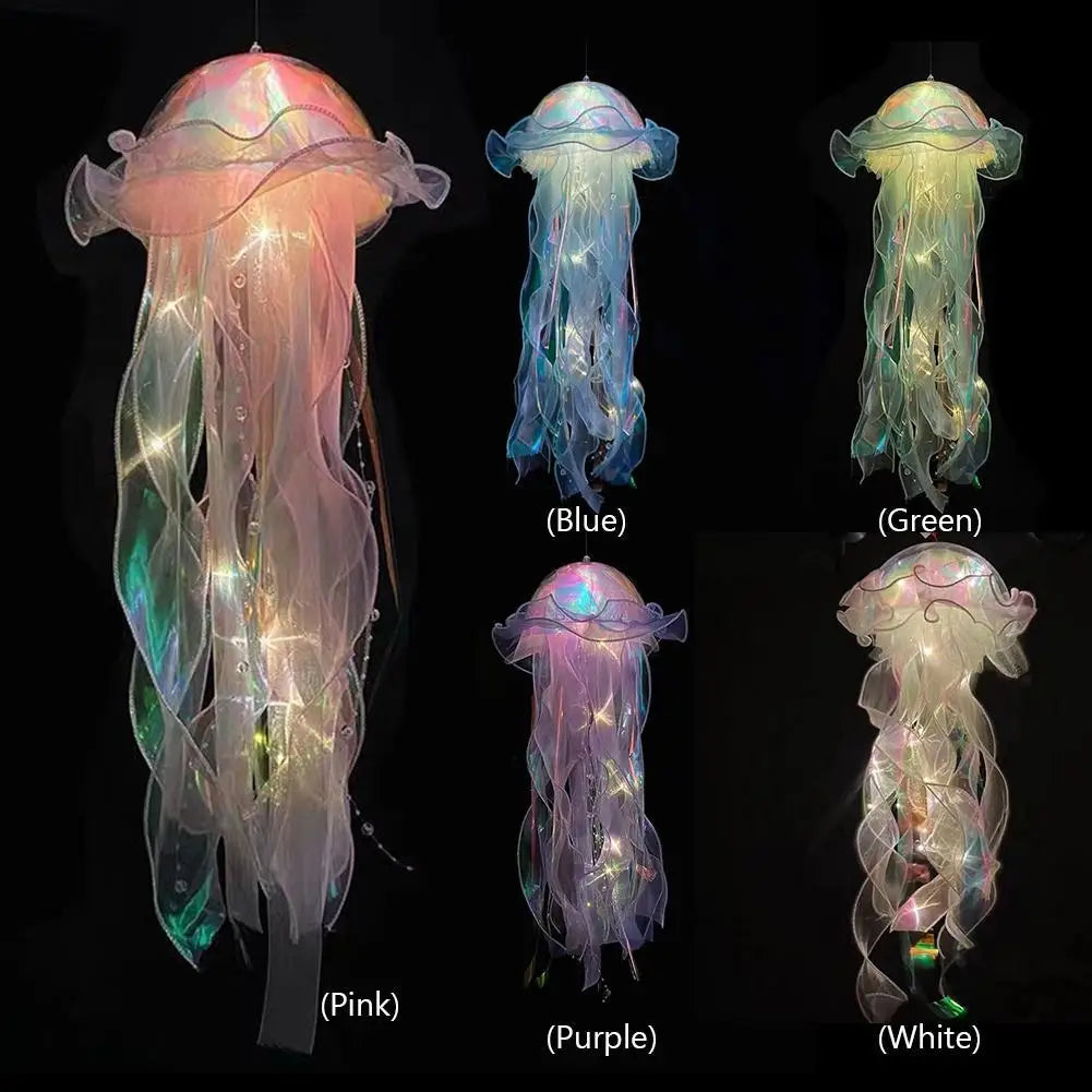 Jellyfish Colorful Nightlight Button Battery Hanging Ceiling Lantern with Ribbon&Bead LED Bulbs for Children Bedroom