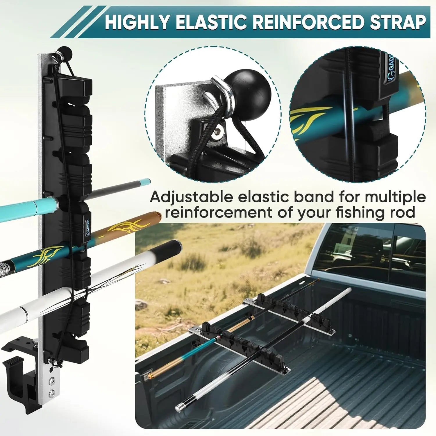 Truck Bed Fishing Rod Holder, Adjustable for 6 Rods, Fits Most with 2 Mounting Options