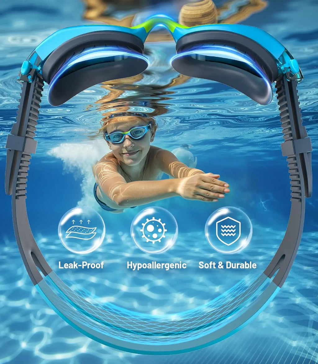Kids Swim Goggles 6-14 Years, Anti-Fog UV Protection Clear Lens, Leakproof Pool Goggles for Boys and Girls