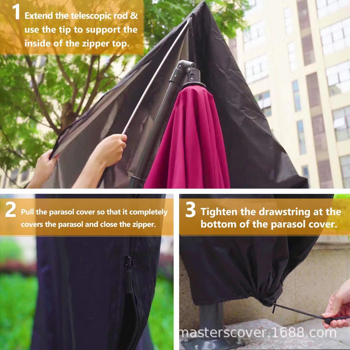 210D Straight Parasol Cover Waterproof Parasol Protective Cover with Zip Weatherproof UV-Anti Windproof Garden Umbrella Cover