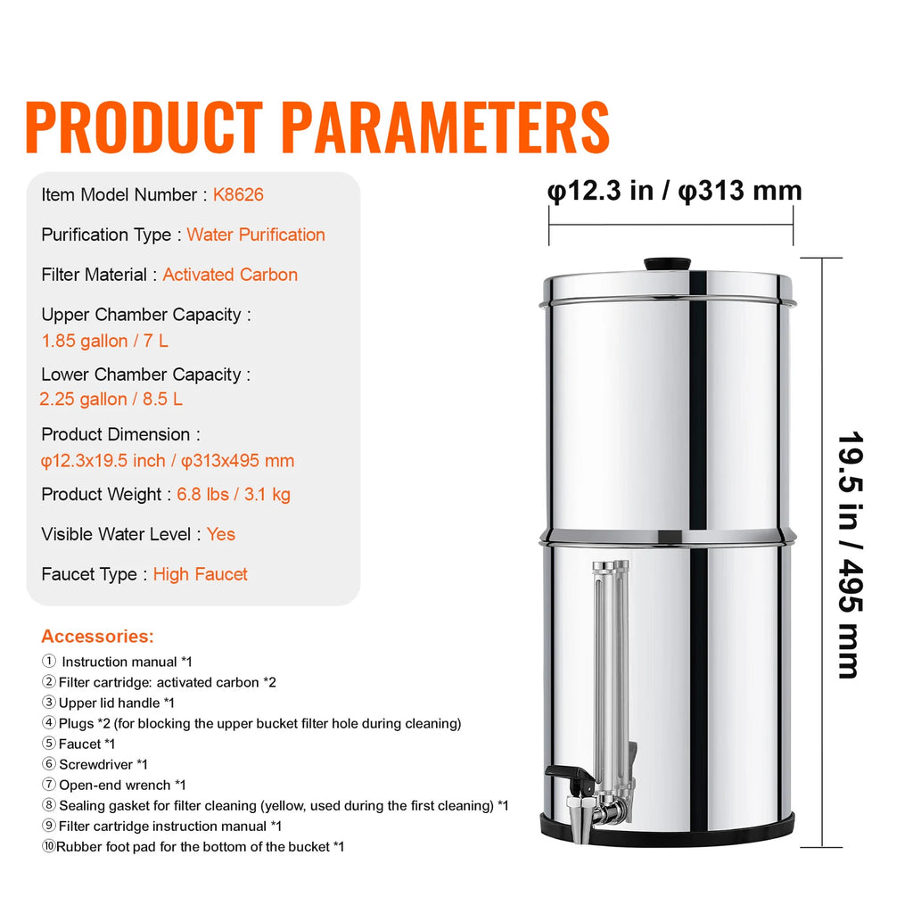 SucceBuy 1.5G 2.25G Gravity-fed Water Filter System 304 Stainless-Steel Water Filtration System Countertop with 2 Carbon Filters