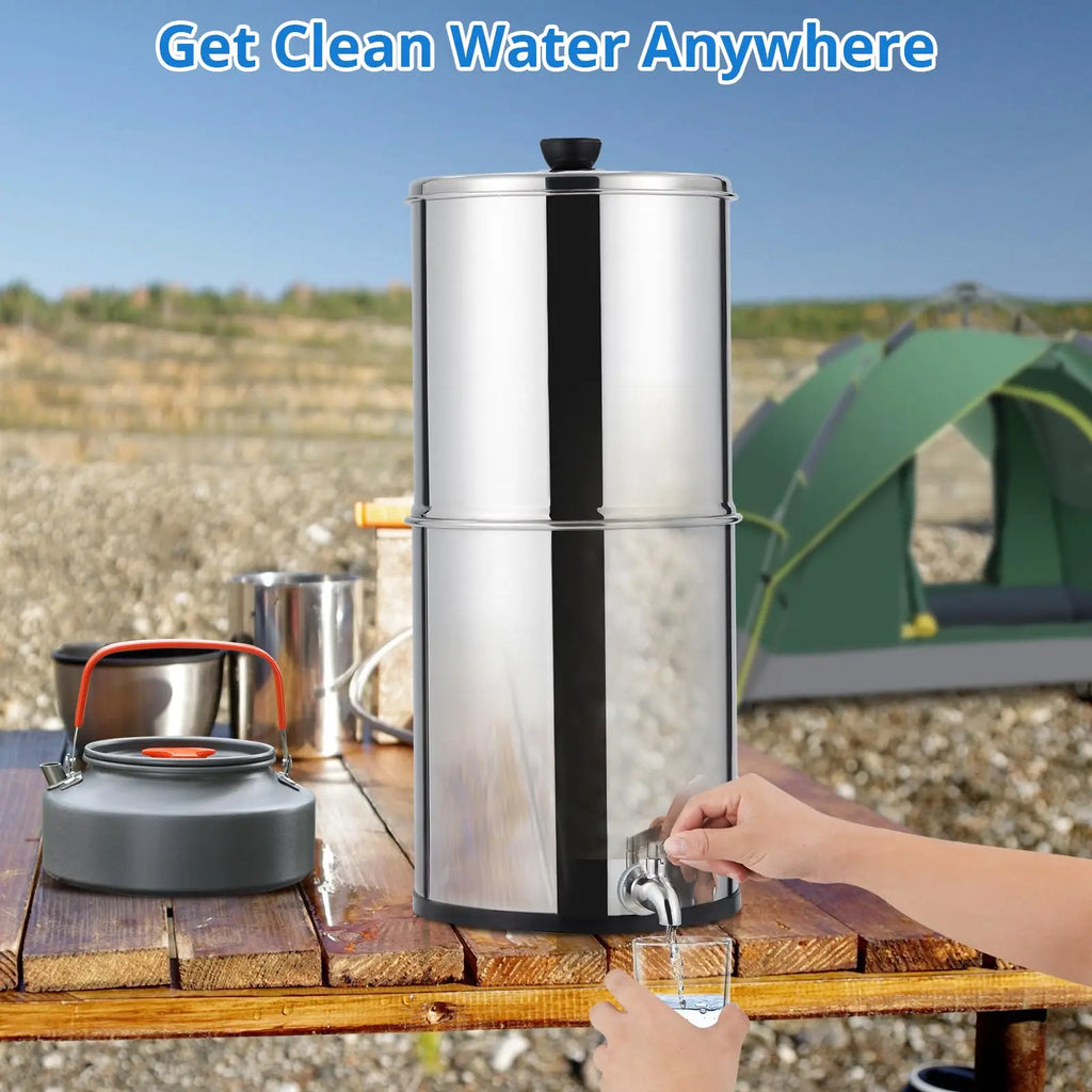 Water Filter System 304 Stainless Steel with 2 Black Carbon Filters and Anti-Slip Stand, Chlorine and Lead Reduction, 2.25Gallon