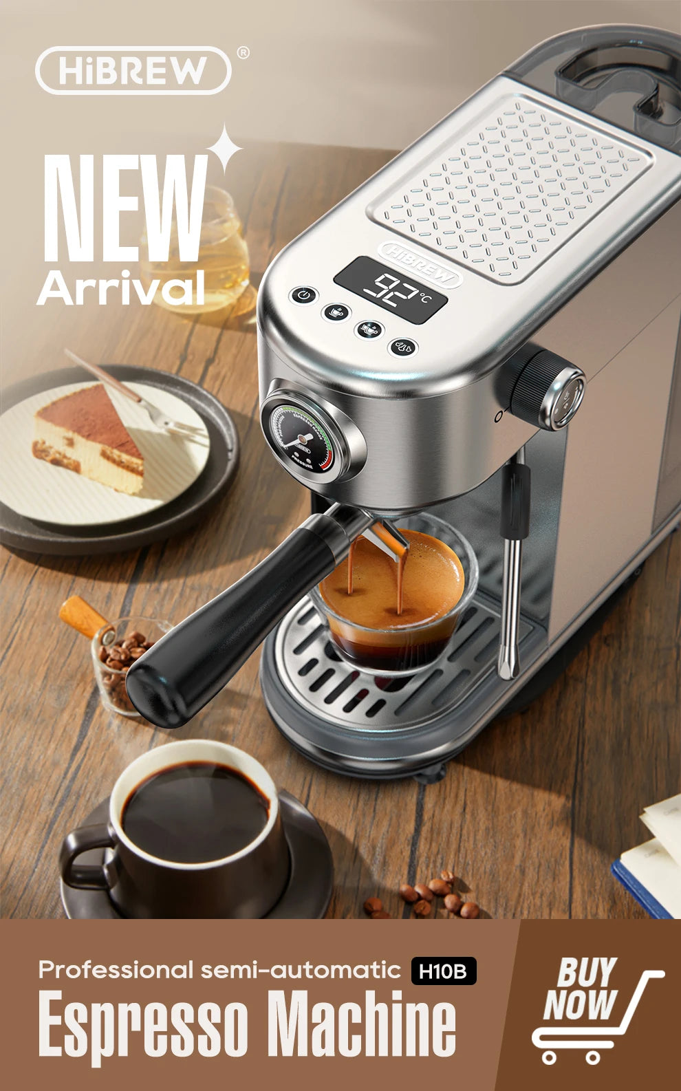 HiBREW H11 Cafetera Espresso 20 Bar | Inox | Semi Automática | ESE POD y Polvo | Cappuccino | Agua Caliente - Firu Total Sales