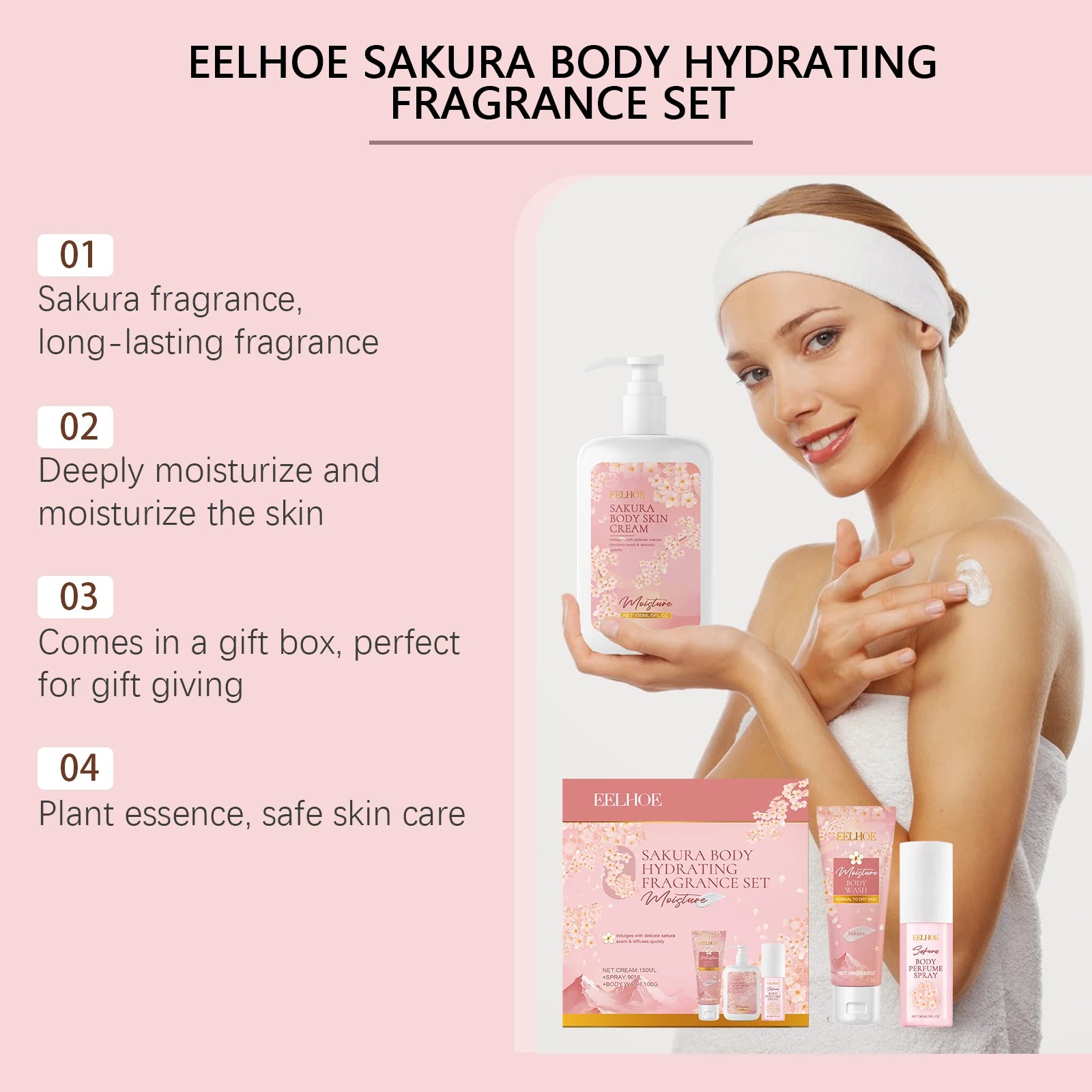EELHOE Sakura Flower Body Skin Care Set Lasting Moisturizer Body Lotion for Brightening Skin Lightening Shower Gel Perfume Spray
