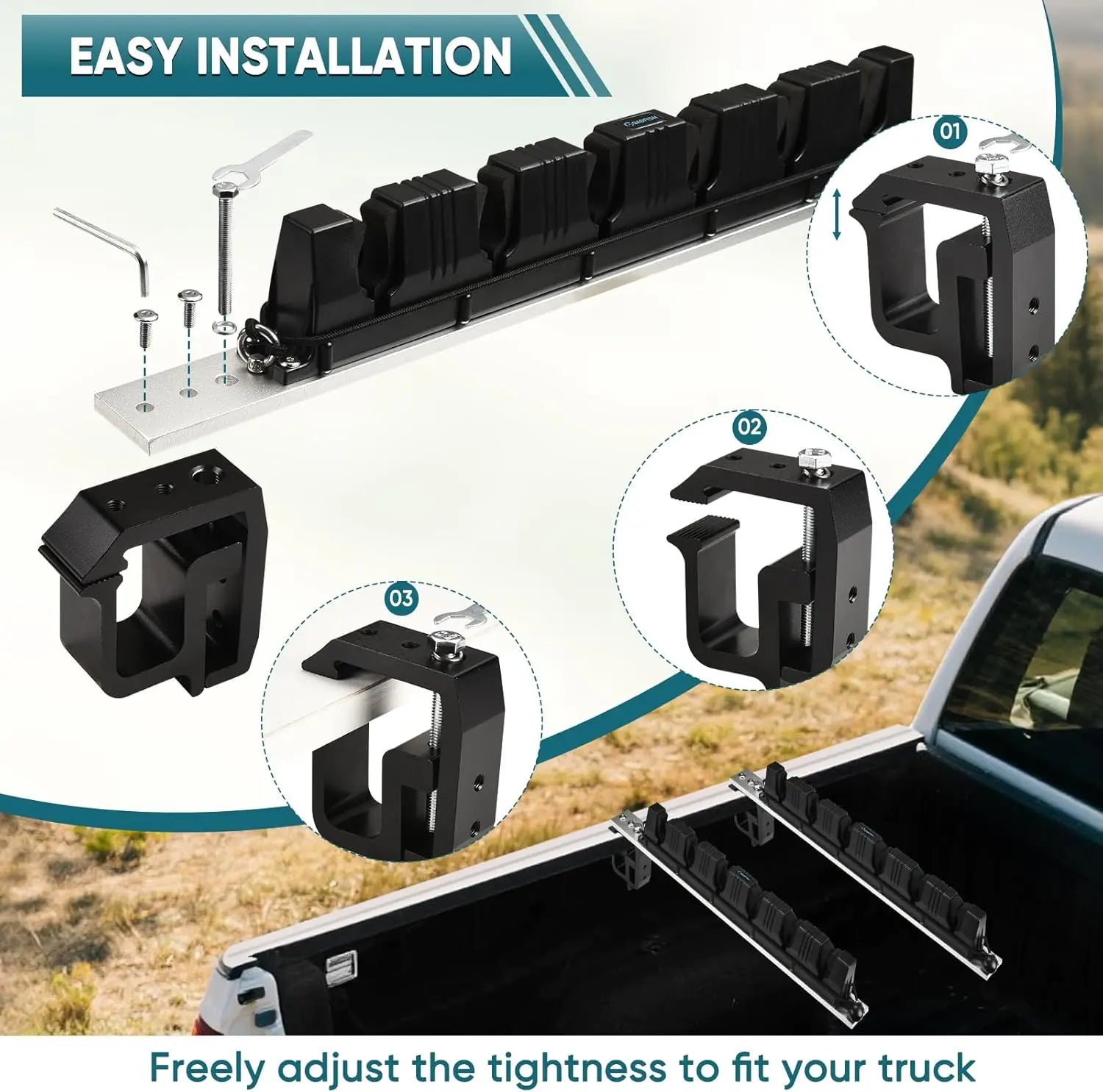 Truck Bed Fishing Rod Holder, Adjustable for 6 Rods, Fits Most with 2 Mounting Options